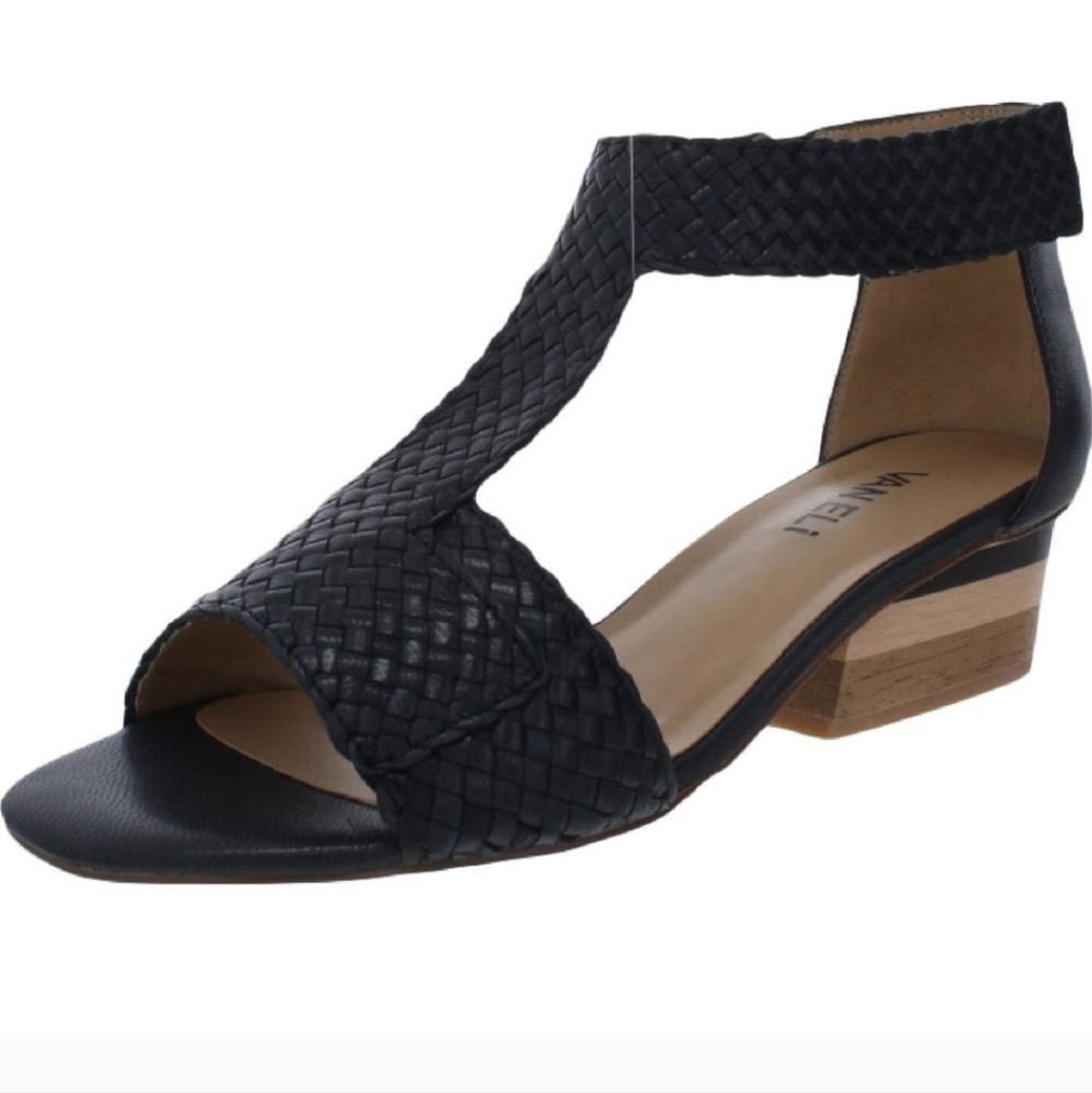 Vaneli Black Charee Woven Sandals with Tan Wooden Heel